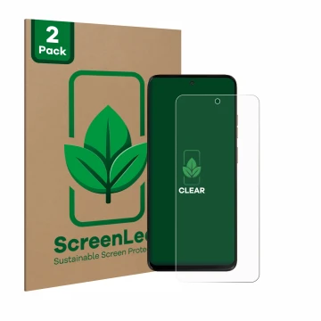 Parte frontal de un envase de producto con el logotipo de la marca ScreenLeaf. Al lado se muestra el dispositivo Motorola Moto