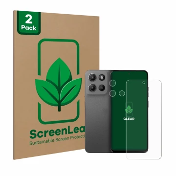 Parte frontal de un envase de producto con el logotipo de la marca ScreenLeaf. Al lado se muestra el dispositivo Motorola Moto
