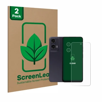 Parte frontal de un envase de producto con el logotipo de la marca ScreenLeaf. Al lado se muestra el dispositivo Motorola Moto
