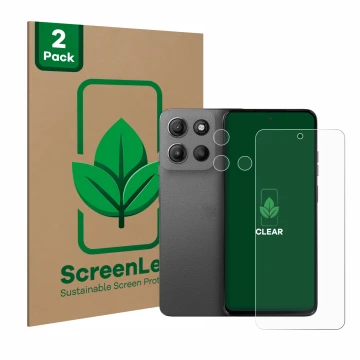 Parte frontal de un envase de producto con el logotipo de la marca ScreenLeaf. Al lado se muestra el dispositivo Motorola Moto