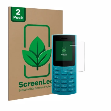 Parte frontal de un envase de producto con el logotipo de la marca ScreenLeaf. Al lado se muestra el dispositivo Nokia 105 4G 