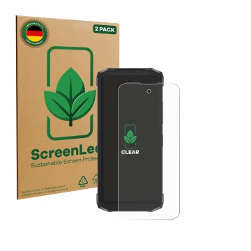 Parte frontal de un envase de producto con el logotipo de la marca ScreenLeaf. Al lado se muestra el dispositivo Doogee Fire 6