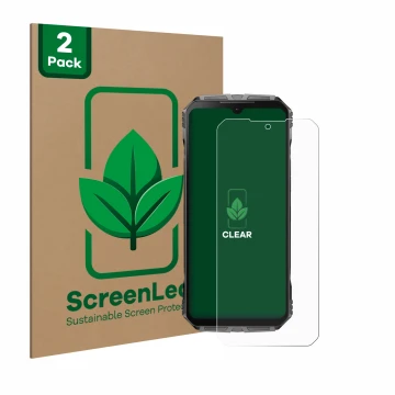Parte frontal de un envase de producto con el logotipo de la marca ScreenLeaf. Al lado se muestra el dispositivo Doogee S Cybe
