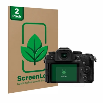 Parte frontal de un envase de producto con el logotipo de la marca ScreenLeaf. Al lado se muestra el dispositivo Panasonic Lum