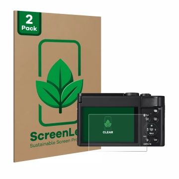 Parte frontal de un envase de producto con el logotipo de la marca ScreenLeaf. Al lado se muestra el dispositivo Panasonic Lum
