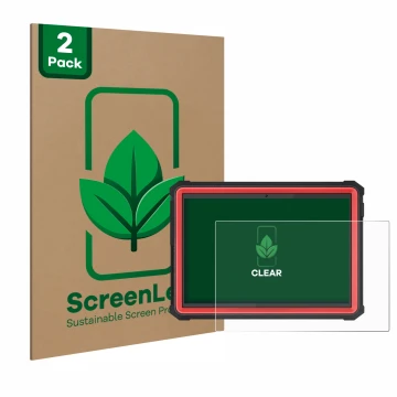 Parte frontal de un envase de producto con el logotipo de la marca ScreenLeaf. Al lado se muestra el dispositivo Launch X-431 