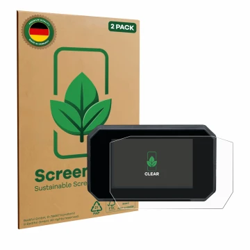 Parte frontal de un envase de producto con el logotipo de la marca ScreenLeaf. Al lado se muestra el dispositivo Suzuki GSX-S1