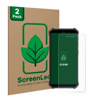 Parte frontal de un envase de producto con el logotipo de la marca ScreenLeaf. Al lado se muestra el dispositivo Ulefone Armor