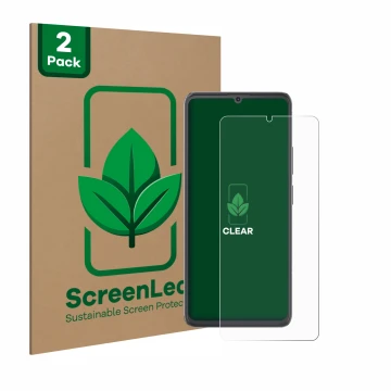Parte frontal de un envase de producto con el logotipo de la marca ScreenLeaf. Al lado se muestra el dispositivo Cubot A20 con