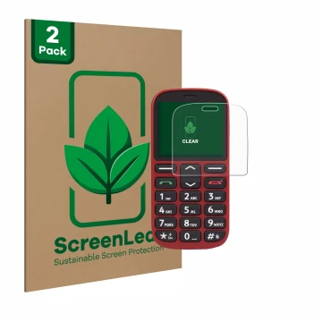 Parte frontal de un envase de producto con el logotipo de la marca ScreenLeaf. Al lado se muestra el dispositivo Doro 1360 con