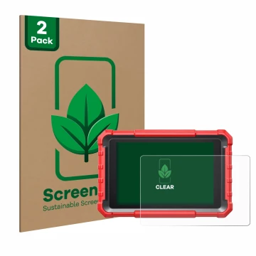 Parte frontal de un envase de producto con el logotipo de la marca ScreenLeaf. Al lado se muestra el dispositivo Launch X-431 