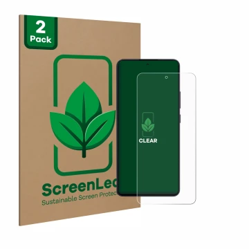 Parte frontal de un envase de producto con el logotipo de la marca ScreenLeaf. Al lado se muestra el dispositivo Oppo Reno 13 
