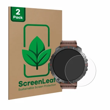 Parte frontal de un envase de producto con el logotipo de la marca ScreenLeaf. Al lado se muestra el dispositivo Polar Grit X2