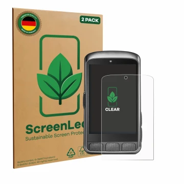 Parte frontal de un envase de producto con el logotipo de la marca ScreenLeaf. Al lado se muestra el dispositivo Wahoo Elemnt 