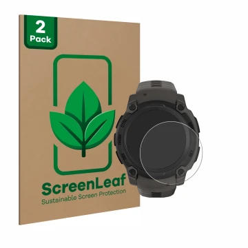 Parte frontal de un envase de producto con el logotipo de la marca ScreenLeaf. Al lado se muestra el dispositivo Garmin Instin