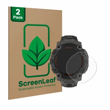 Parte frontal de un envase de producto con el logotipo de la marca ScreenLeaf. Al lado se muestra el dispositivo Garmin Instin