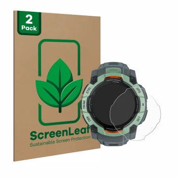 Parte frontal de un envase de producto con el logotipo de la marca ScreenLeaf. Al lado se muestra el dispositivo Garmin Instin