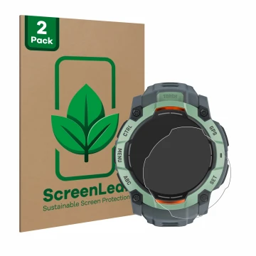 Parte frontal de un envase de producto con el logotipo de la marca ScreenLeaf. Al lado se muestra el dispositivo Garmin Instin