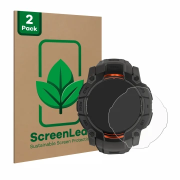 Parte frontal de un envase de producto con el logotipo de la marca ScreenLeaf. Al lado se muestra el dispositivo Garmin Instin