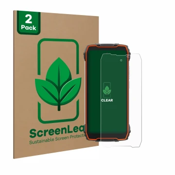 Parte frontal de un envase de producto con el logotipo de la marca ScreenLeaf. Al lado se muestra el dispositivo Blackview Osc