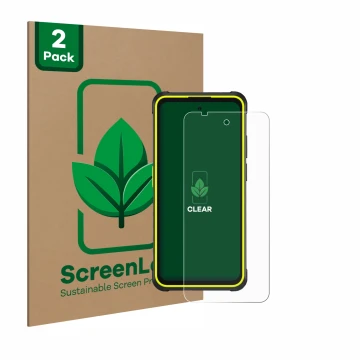 Parte frontal de un envase de producto con el logotipo de la marca ScreenLeaf. Al lado se muestra el dispositivo Ulefone Armor