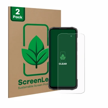 Parte frontal de un envase de producto con el logotipo de la marca ScreenLeaf. Al lado se muestra el dispositivo Doogee Blade 