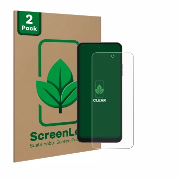Parte frontal de un envase de producto con el logotipo de la marca ScreenLeaf. Al lado se muestra el dispositivo Hotwav Note 1