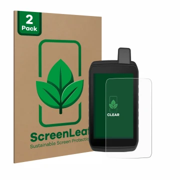 Parte frontal de un envase de producto con el logotipo de la marca ScreenLeaf. Al lado se muestra el dispositivo Garmin Montan