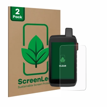 Parte frontal de un envase de producto con el logotipo de la marca ScreenLeaf. Al lado se muestra el dispositivo Garmin Montan