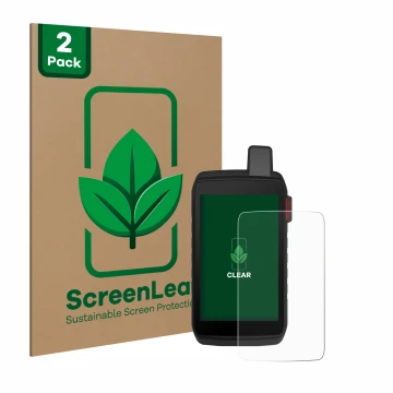 Parte frontal de un envase de producto con el logotipo de la marca ScreenLeaf. Al lado se muestra el dispositivo Garmin Montan