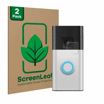 Parte frontal de un envase de producto con el logotipo de la marca ScreenLeaf. Al lado se muestra el dispositivo Ring Battery 