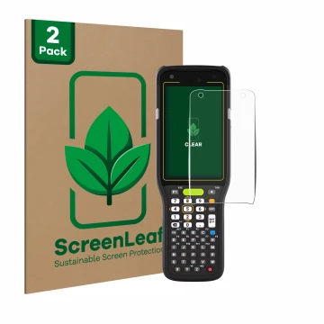 Parte frontal de un envase de producto con el logotipo de la marca ScreenLeaf. Al lado se muestra el dispositivo Zebra MC3400 