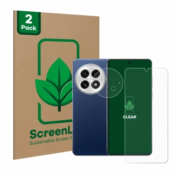 Parte frontal de un envase de producto con el logotipo de la marca ScreenLeaf. Al lado se muestra el dispositivo OnePlus 13 (F