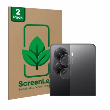 Parte frontal de un envase de producto con el logotipo de la marca ScreenLeaf. Al lado se muestra el dispositivo Xiaomi Poco X