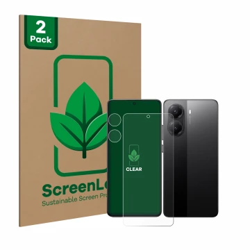 Parte frontal de un envase de producto con el logotipo de la marca ScreenLeaf. Al lado se muestra el dispositivo Xiaomi Poco X