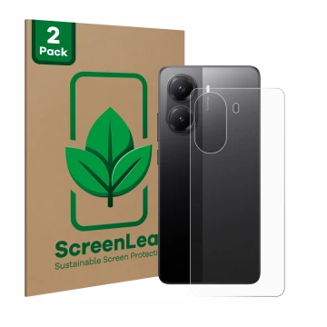 Parte frontal de un envase de producto con el logotipo de la marca ScreenLeaf. Al lado se muestra el dispositivo Xiaomi Poco X