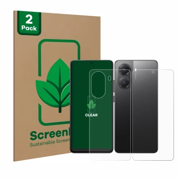 Parte frontal de un envase de producto con el logotipo de la marca ScreenLeaf. Al lado se muestra el dispositivo Xiaomi Poco X