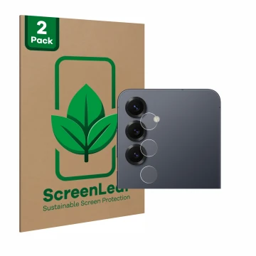 Parte frontal de un envase de producto con el logotipo de la marca ScreenLeaf. Al lado se muestra el dispositivo Samsung Galax