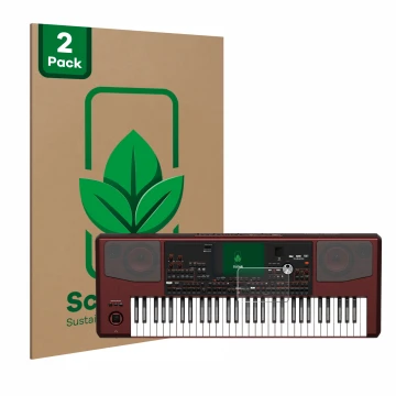Parte frontal de un envase de producto con el logotipo de la marca ScreenLeaf. Al lado se muestra el dispositivo KORG Pa700 co