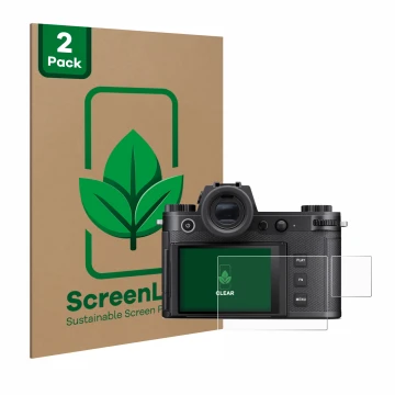 Parte frontal de un envase de producto con el logotipo de la marca ScreenLeaf. Al lado se muestra el dispositivo Leica SL3-S (