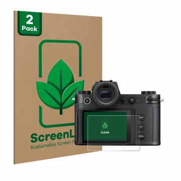Parte frontal de un envase de producto con el logotipo de la marca ScreenLeaf. Al lado se muestra el dispositivo Leica SL3-S c