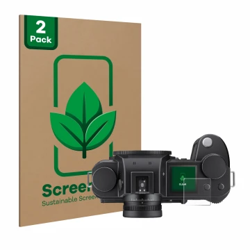 Parte frontal de un envase de producto con el logotipo de la marca ScreenLeaf. Al lado se muestra el dispositivo Leica SL3-S (