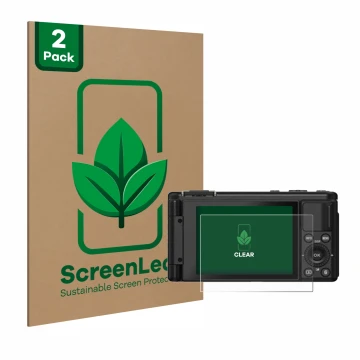 Parte frontal de un envase de producto con el logotipo de la marca ScreenLeaf. Al lado se muestra el dispositivo Yashica City 