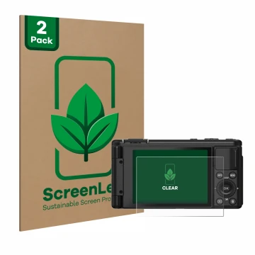Parte frontal de un envase de producto con el logotipo de la marca ScreenLeaf. Al lado se muestra el dispositivo Yashica City 