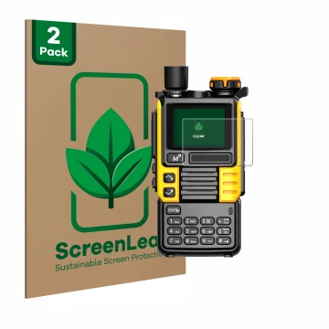 Parte frontal de un envase de producto con el logotipo de la marca ScreenLeaf. Al lado se muestra el dispositivo Quansheng UV-