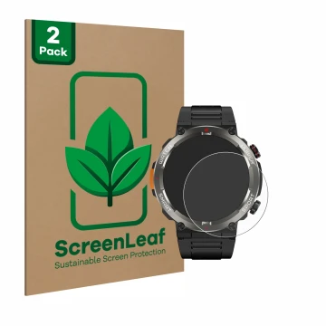Parte frontal de un envase de producto con el logotipo de la marca ScreenLeaf. Al lado se muestra el dispositivo Blackview W50