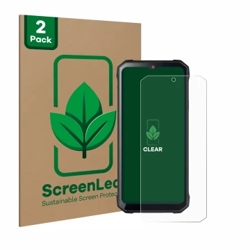 Parte frontal de un envase de producto con el logotipo de la marca ScreenLeaf. Al lado se muestra el dispositivo Hotwav T7S co
