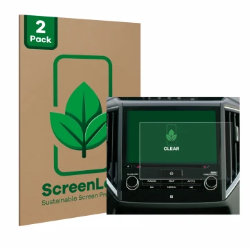 Parte frontal de un envase de producto con el logotipo de la marca ScreenLeaf. Al lado se muestra el dispositivo Subaru Forest