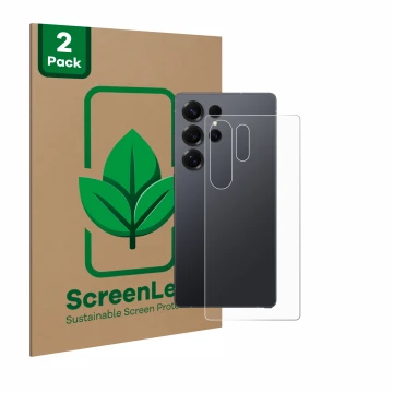 Parte frontal de un envase de producto con el logotipo de la marca ScreenLeaf. Al lado se muestra el dispositivo Samsung Galax