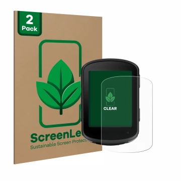 Parte frontal de un envase de producto con el logotipo de la marca ScreenLeaf. Al lado se muestra el dispositivo Garmin Edge 5